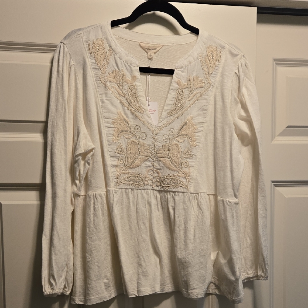 Lucky Brand White Tunic with Beige Embroidery
